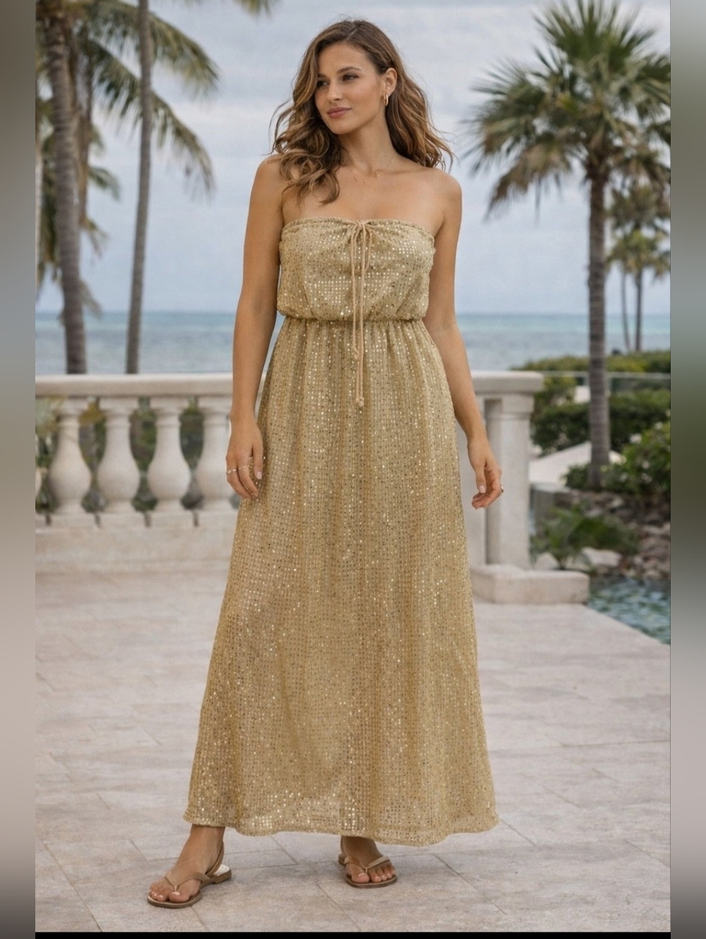 Outback Red Gold Sequin Maxi Strapless Dress New Medium  NWT